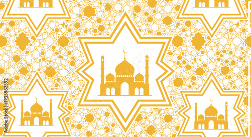 Islamic Geometric Pattern with Mosque Silhouettes - Yellow and White