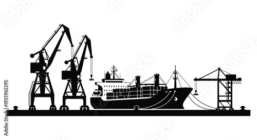 A striking black silhouette depicts a busy harbor with cargo cranes a ship and dockside structures silhouette high quality professional detailed