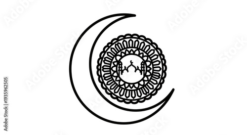 Islamic Crescent Moon and Mosque Mandala Icon - Black and White Line Art