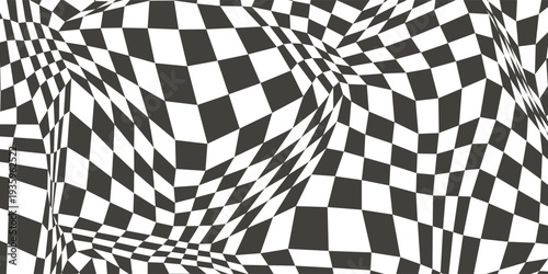 Trippy checkerboard background. Retro psychedelic checkered wallpaper. Wavy groovy chessboard surface. Distorted geometric pattern. Abstract monochrome vector design