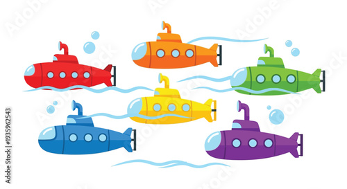 Colorful cartoon submarines swim beneath bubbly waves creating a playful underwater scene with distinct silhouettes high quality professional detailed modern elegant