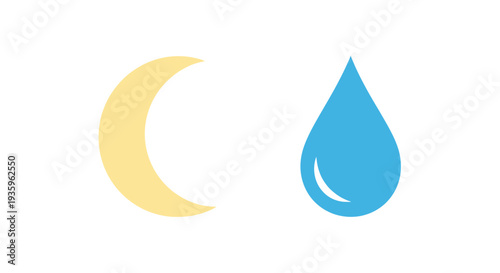 Crescent Moon and Water Drop Icon on White Background