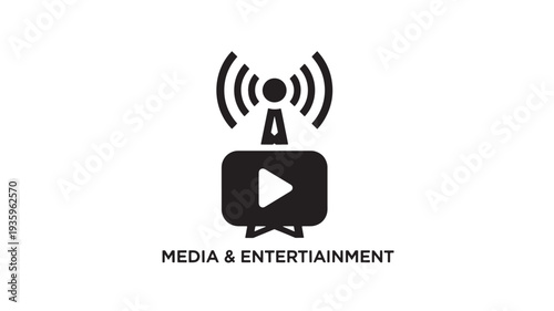 A black media and entertainment logo featuring a television with a play button and broadcasting signal icon on a solid white background, representing modern broadcasting and digital media.