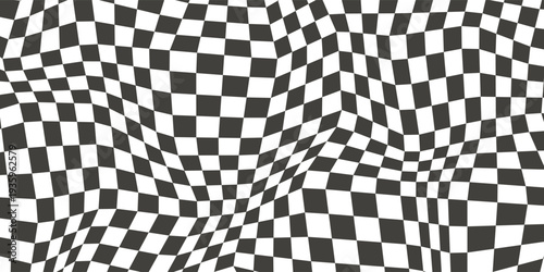 Trippy checkerboard background. Retro psychedelic checkered wallpaper. Wavy groovy chessboard surface. Distorted geometric pattern. Abstract monochrome vector design
