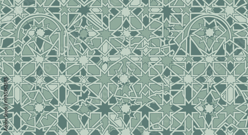 Intricate Geometric Islamic Pattern with Star and Arch Motifs in Teal and Green