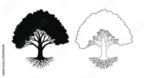 Two contrasting tree designs one solid black and one line art showcase natural forms as a striking silhouette high quality professional