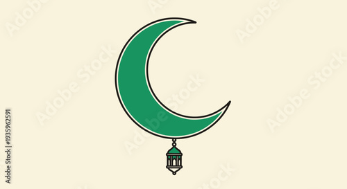 Green Crescent Moon with Hanging Lantern on Beige Background