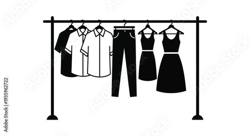 A clothing rack displays various garments in stark contrast creating a bold visual representation silhouette high quality professional detailed modern