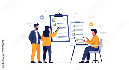 A team collaborates on a checklist reviewing tasks and progress in a modern office setting silhouette high quality professional detailed elegant