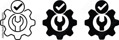 Settings gear with wrench and checkmark outline icon