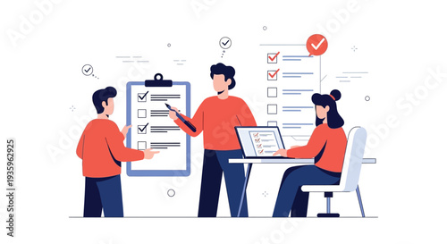 Team members collaborate on a task list and laptop discussing progress and checking off items silhouette high quality professional detailed modern