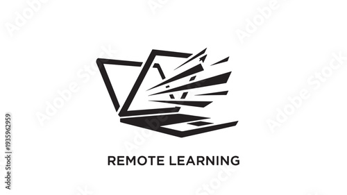 A sleek black vector graphic depicting a stylized laptop with abstract lines radiating from it, symbolizing remote learning and online education in a modern and dynamic way.