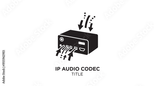 A black and white illustration of an IP audio codec device with arrows indicating audio input and output, on a plain white background.