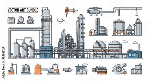 Industrial factory complex with various structures and equipment.