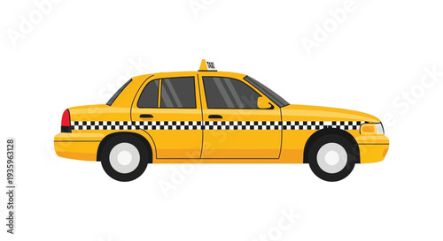 A brightly colored yellow taxi cab is displayed in a flat side profile showcasing a distinct silhouette high quality professional detailed