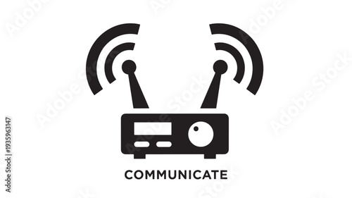A solid black vector graphic of a radio with wifi signals and the word 'communicate' on a white background, representing modern communication technology.