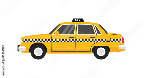 A brightly colored yellow taxi cab is shown in a flat profile view creating a stark silhouette high quality professional detailed