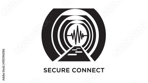 A sleek black and white logo featuring a stylized road leading to a circular network symbol, representing secure connection and technology, on a clean white background.