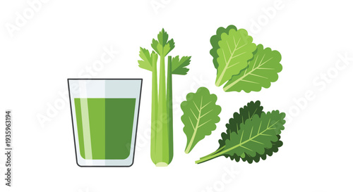 A vibrant illustration of a glass of green juice alongside fresh celery and kale depicted as a silhouette high quality professional