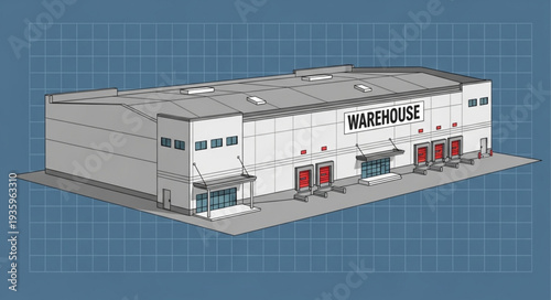 Modern warehouse building with loading docks and large doors.