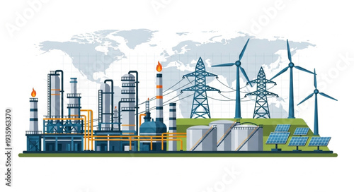 Industrial landscape with wind turbines and solar panels.