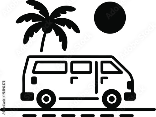 Sun and palm road trip sign with van silhouette