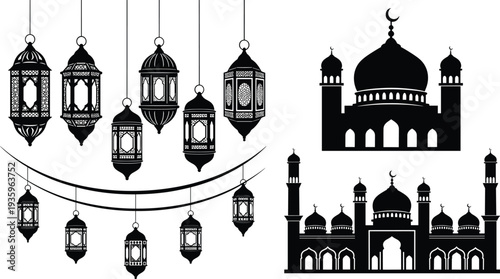 ramadan, lantern, mosque, crescent, islamic, eid, muslim, arabic, silhouette, decoration, festival, hanging, lanterns, vector, black, icon, religion, spiritual, culture, design, illustration, set