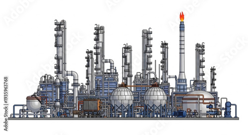 Modern industrial petrochemical plant complex with towers and tanks.