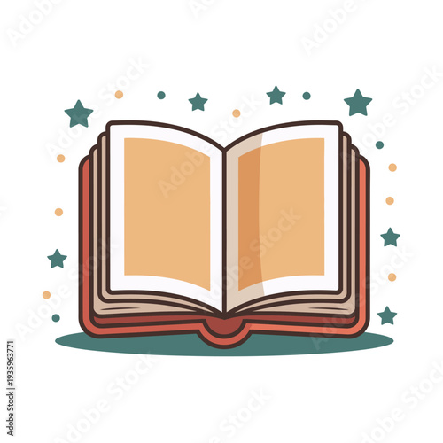 Open storybook showing blank illuminated pages surrounded by whimsical floating stars and sparkles.