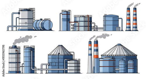 Industrial factory complex with storage tanks and smokestacks illustration.
