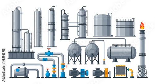 Industrial factory equipment and machinery illustration.