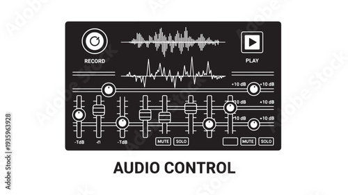 A professional audio control panel with buttons, knobs, and waveform display on a black background, ideal for sound engineering, music production, and audio editing projects