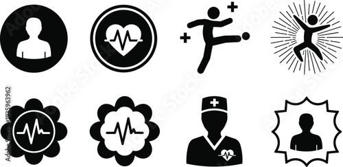 health, medical, healthcare, heartbeat, cardiology, doctor, patient, wellness, fitness, activity, silhouette, icon, vector, black, symbol, hospital, care, illustration, design, emergency, pulse, set