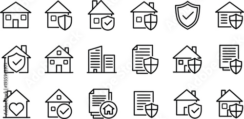 Collection of home security and protection icons in line art style