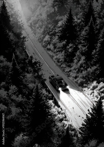 Night Drive: Aerial View of Car Headlights on Forest Road