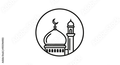 Mosque Icon, Islamic Architecture, Dome and Minaret, Crescent Moon Symbol, Simple Line Art