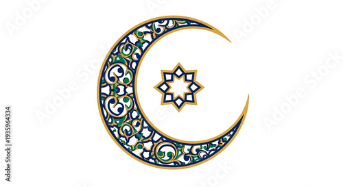 Islamic Crescent Moon and Star Symbol with Ornate Pattern