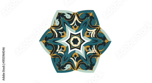 Abstract Geometric Mandala Flower Design in Teal, Gold, and Cream