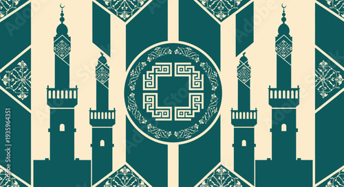 Mosque Minarets Islamic Pattern Background Geometric Teal Cream