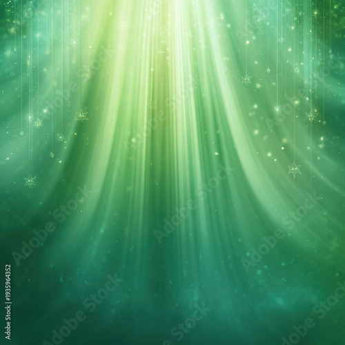 Soft green sunlight rays with floating particles and magical bokeh