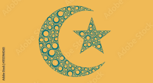 Islamic crescent moon and star symbol made of many small circles, graphic design
