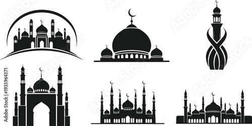 islamic, mosque, silhouette, ramadan, eid, muslim, arabic, architecture, religion, crescent, minaret, vector, icon, black, design, culture, spiritual, festival, decoration, illustration, symbol, set