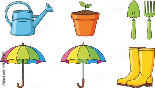 gardening, tools, watering, can, plant, pot, shovel, rake, umbrella, boots, spring, garden, equipment, vector, illustration, colorful, clipart, isolated, nature, hobby, farming, set