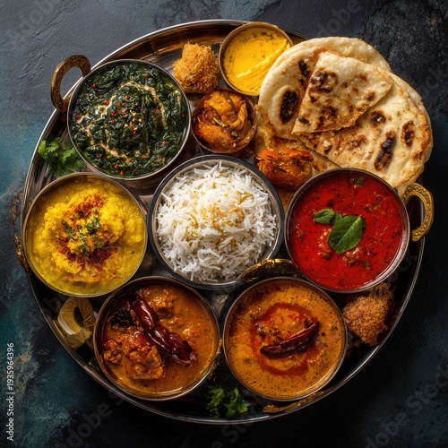 Traditional Indian Thali: Spicy Curries, Basmati Rice, and Naan