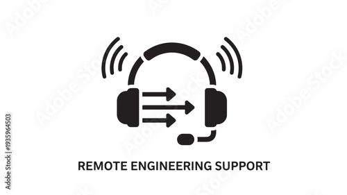 A vector graphic of a headset with arrows indicating communication, representing remote engineering support on a solid black background, ideal for technology and support concepts.