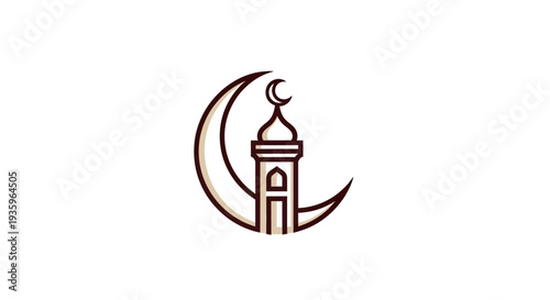 Islamic crescent moon with mosque minaret icon, religious symbol