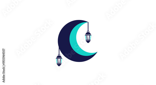Crescent moon with hanging lanterns, Ramadan Islamic symbol, dark blue and turquoise