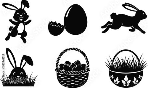 easter, bunny, rabbit, egg, basket, silhouette, spring, holiday, decoration, cute, animal, black, vector, icon, collection, clipart, isolated, festive, design, illustration, symbol, set
