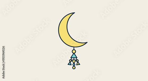 Stylized Crescent Moon with Geometric Charm, Yellow, Blue, Beige