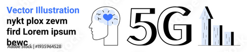 Technology advancement, mobile networks, innovation, data analysis, digital growth, 5G development. Human brain with network, 5G text rising data bars. Technology advancement and digital growth